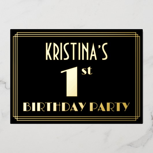 1回目の誕生日パーティー:アールデコの外観「1」、名前つき 箔招待状 (正面)