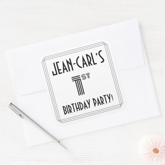 1回目の誕生日パーティー:アールデコスタイル+名前をカスタムする スクエアシール (封筒)