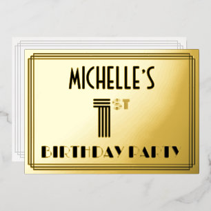 1回目の誕生日パーティー—アールデコスタイル「1」と名前 箔招待状