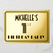 1回目の誕生日パーティー—アールデコスタイル「1」と名前 箔招待状 (正面)