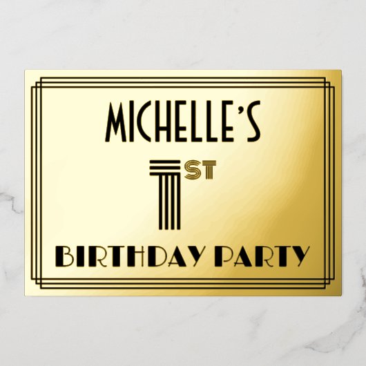1回目の誕生日パーティー—アールデコスタイル「1」と名前 箔招待状 (正面)