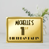 1回目の誕生日パーティー—アールデコスタイル「1」と名前 箔招待状 (立ち正面)