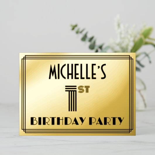1回目の誕生日パーティー—アールデコスタイル「1」と名前 箔招待状 (立ち正面)
