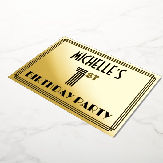 1回目の誕生日パーティー—アールデコスタイル「1」と名前 箔招待状 (回転した状態)