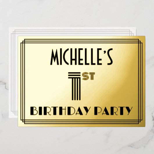 1回目の誕生日パーティー—アールデコスタイル「1」と名前 箔招待状 (正面/裏面)