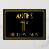 1回目の誕生日パーティー—アールデコスタイル「1」 +名前 箔招待状 (正面)