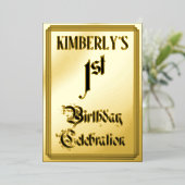 1回目の誕生日パーティー—エレガントスクリプト+名前をカスタムする 箔招待状 (立ち正面)
