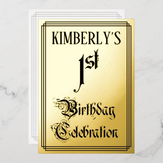1回目の誕生日パーティー—エレガントスクリプト+名前をカスタムする 箔招待状 (正面/裏面)