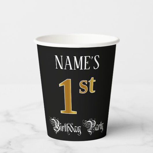1回目の誕生日パーティー:ファンシースクリプト、フェイク金ゴールド・ルック 紙コップ (裏面)