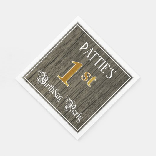 1回目の誕生日パーティー—フェイク金ゴールドとフェイクウッドの外観 スタンダードランチョンナプキン (角)