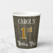 1回目の誕生日パーティー—フェイク金ゴールドとフェイクウッドの外観 紙コップ (裏面)