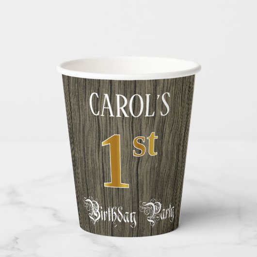 1回目の誕生日パーティー—フェイク金ゴールドとフェイクウッドの外観 紙コップ (裏面)