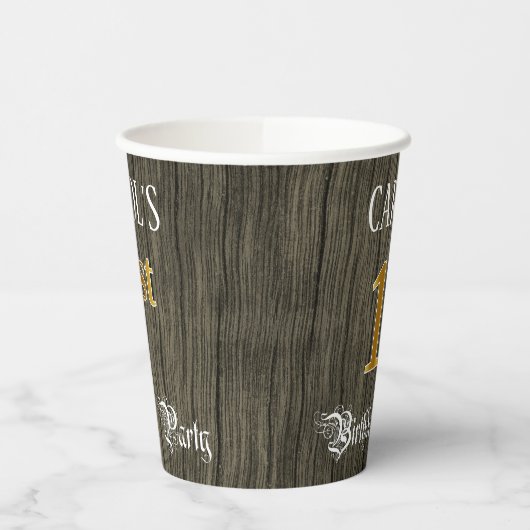 1回目の誕生日パーティー—フェイク金ゴールドとフェイクウッドの外観 紙コップ (左)