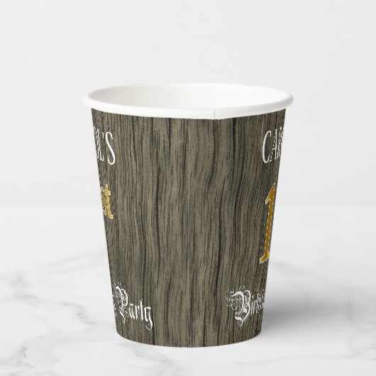 1回目の誕生日パーティー—フェイク金ゴールドとフェイクウッドの外観 紙コップ (右)