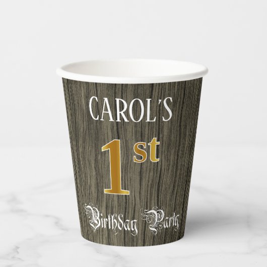 1回目の誕生日パーティー—フェイク金ゴールドとフェイクウッドの外観 紙コップ (正面)