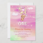 1回目の誕生日ピンクバルーズテディベア 招待状 (正面)