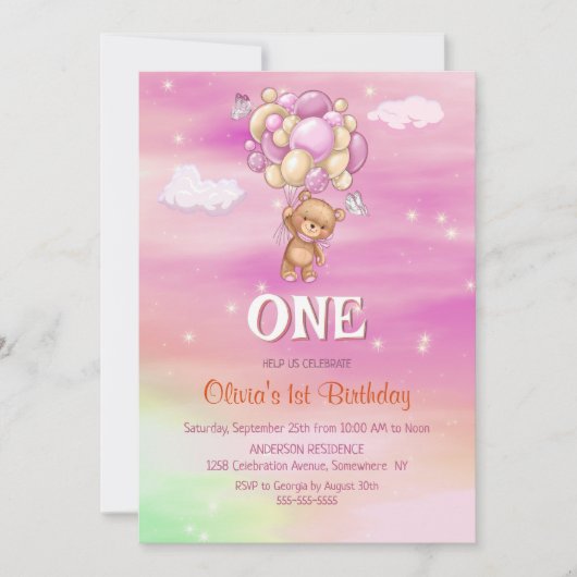 1回目の誕生日ピンクバルーズテディベア 招待状 (正面)