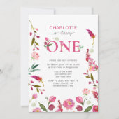 1回目の誕生日ピンクフローラ水彩変化 招待状 (正面)
