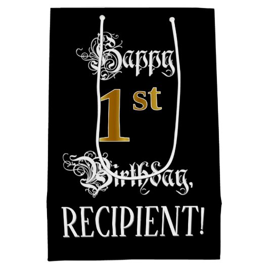 1回目の誕生日ファンシー～スクリプフェイクト；金ゴールドの外観；名前 ミディアムペーパーバッグ (裏面)