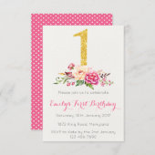 1回目の誕生日ファーストピンク金ゴールドフローラ招待状 招待状 (正面/裏面)