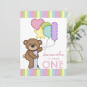 1回目の誕生日ベアレインボーストライプと風船 招待状 (スタンド正面)