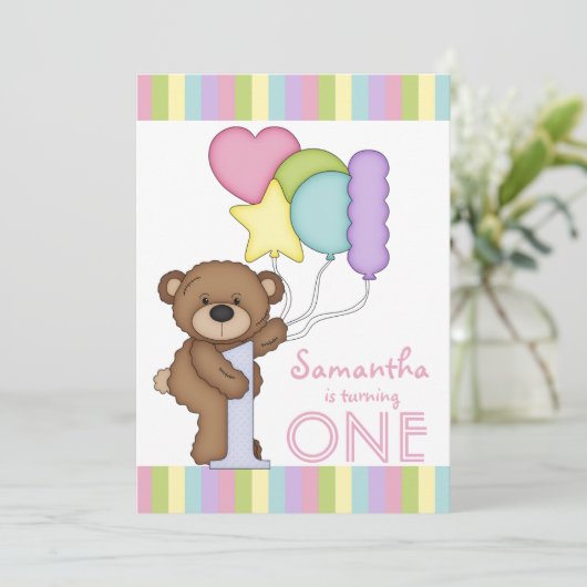 1回目の誕生日ベアレインボーストライプと風船 招待状 (スタンド正面)