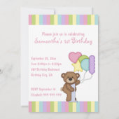 1回目の誕生日ベアレインボーストライプと風船 招待状 (裏面)