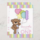 1回目の誕生日ベアレインボーストライプと風船 招待状 (正面/裏面)