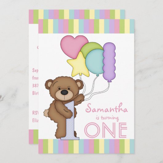 1回目の誕生日ベアレインボーストライプと風船 招待状 (正面/裏面)