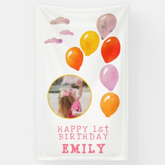 1回目の誕生日ワンバルーンガールフォト 横断幕 (縦)