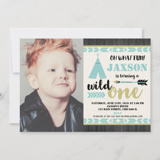 1回目の誕生日写真の招待ティール（緑がかった色） 招待状 (正面)