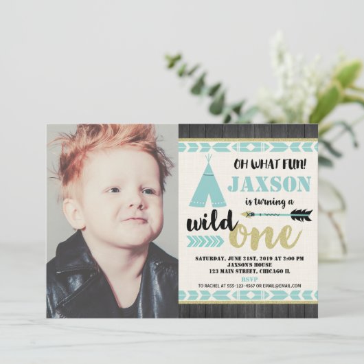 1回目の誕生日写真の招待ティール(緑がかった色) 招待状 (スタンド正面)