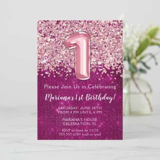 1回目の誕生日招待状ガーリーマゼンタピンクグリッター 招待状 (スタンド正面)