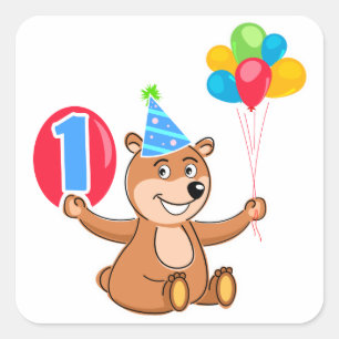 1回目の誕生日茶色のクマの風船 スクエアシール