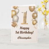 1回目の誕生日金ゴールドバルーンと紙吹雪誕生日 カード (黄色い花)