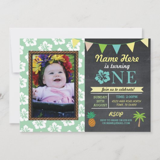1回目の誕生日1アロハトロピカルフォトパーティー招待状 招待状 (正面)