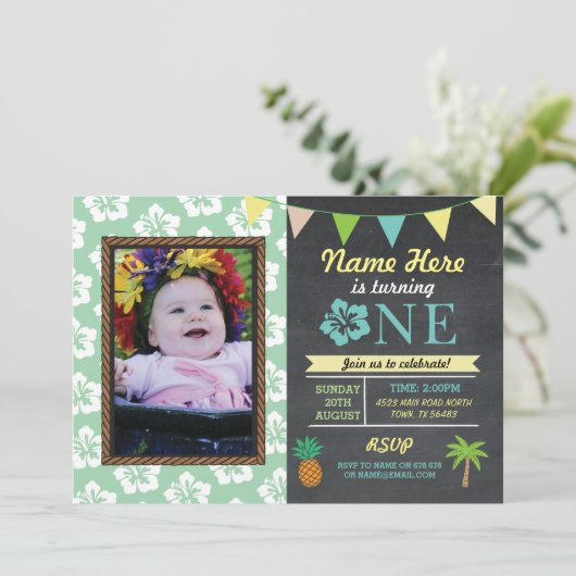 1回目の誕生日1アロハトロピカルフォトパーティー招待状 招待状 (スタンド正面)
