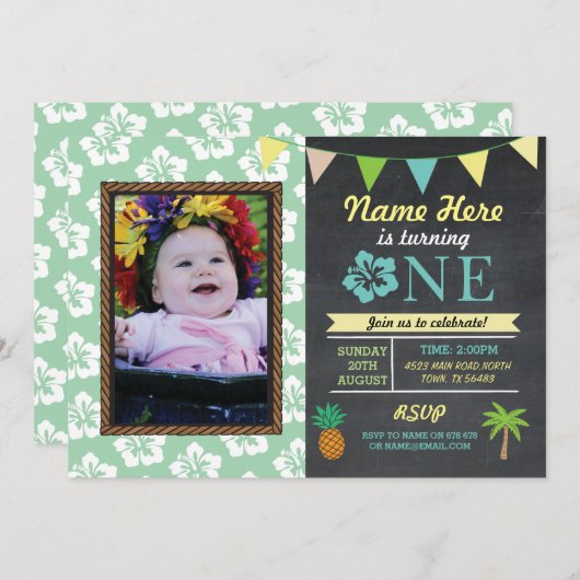1回目の誕生日1アロハトロピカルフォトパーティー招待状 招待状 (正面/裏面)