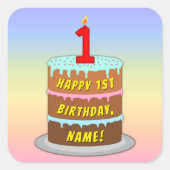 1回目の誕生日:おもしろいケーキとキャンドル+名前をカスタムする スクエアシール (正面)
