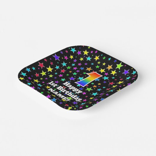 1回目の誕生日:おもしろいスターのパターンと虹"1" ペーパープレート (傾斜あり)