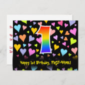 1回目の誕生日:おもしろいハートパターン、虹1 ポストカード (正面/裏面)
