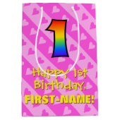 1回目の誕生日：おもしろいピンクハートストライプ&レインボー1 ミディアムペーパーバッグ (正面)