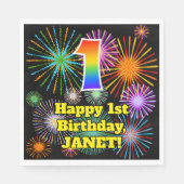 1回目の誕生日：おもしろい花火パターン+虹1 スタンダードランチョンナプキン (正面)