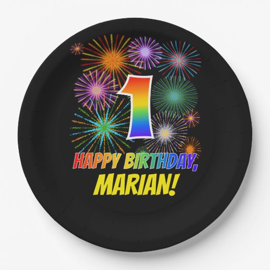 1回目の誕生日:おもしろい花火パターン+虹1 ペーパープレート (正面)