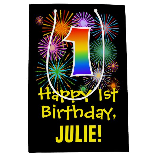 1回目の誕生日：おもしろい花火パターン+虹1 ミディアムペーパーバッグ (正面)