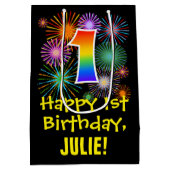 1回目の誕生日：おもしろい花火パターン+虹1 ミディアムペーパーバッグ (裏面)