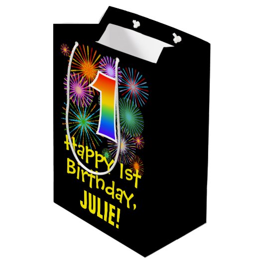 1回目の誕生日:おもしろい花火パターン+虹1 ミディアムペーパーバッグ (裏面アングル)