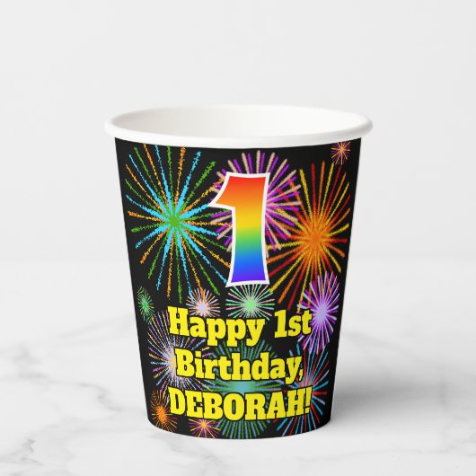 1回目の誕生日:おもしろい花火パターン+虹1 紙コップ (裏面)