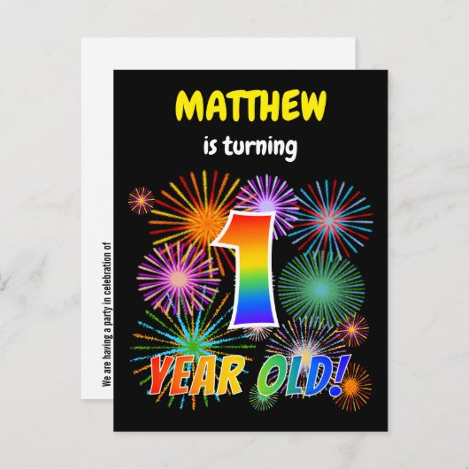 1回目の誕生日 – おもしろい花火， Rainbow Look "1" ポストカード (正面/裏面)