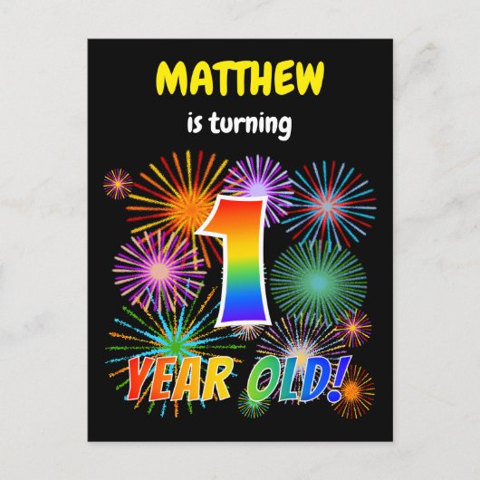 1回目の誕生日 – おもしろい花火, Rainbow Look "1" ポストカード (正面)